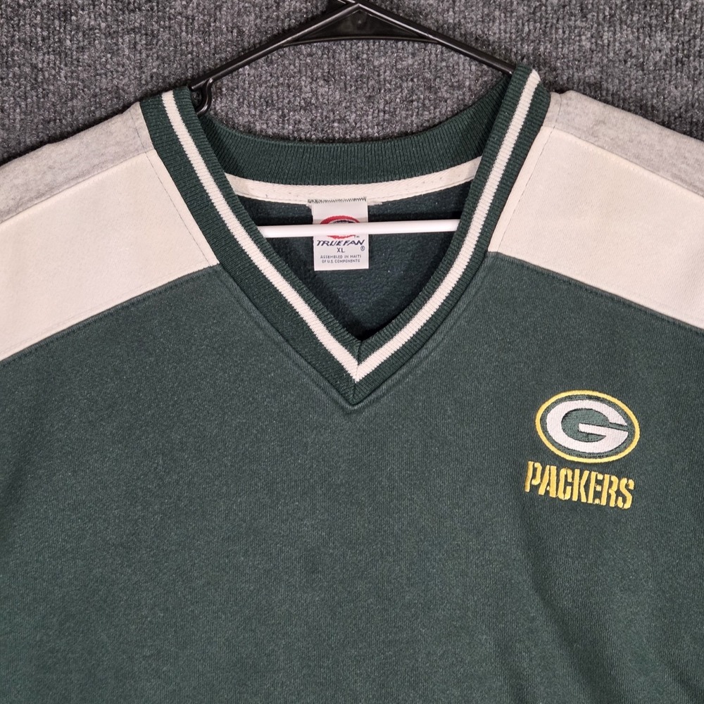 Green Bay Packers V-Neck Sweatshirt Mens XL True Fan NFL Pullover Green White